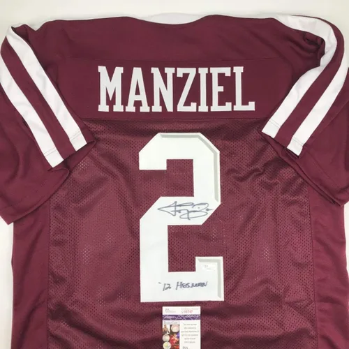 Vista 2 de Camiseta de fútbol universitario de Texas A&M de Johnny Manziel firmada y con COA de JSA, número 12, color granate, Heisman