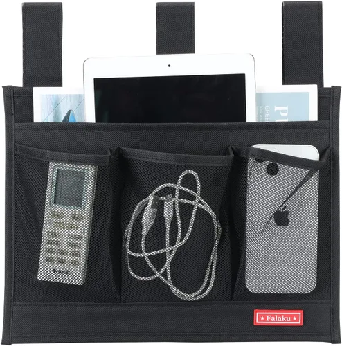 Vista 2 de Organizador colgante para mesita de noche, organizador de cabecera para rieles de cama (4 bolsillos, negro)