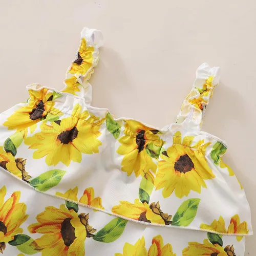 Vista 4 de Bebé Niña Estampado Floral Con Volantes Tirante Crop Top+Azul Pantalones Cortos De Mezclilla Con Agujeros Verano 2 Piezas Trajes Conjuntos De Ropa