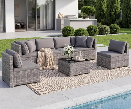 Vista 32 de Tangkula Juego de 2 sofás de mimbre para exteriores, sin brazos, juego de sofá modular de ratán para patio con 2 cojines de asiento gruesos y 2