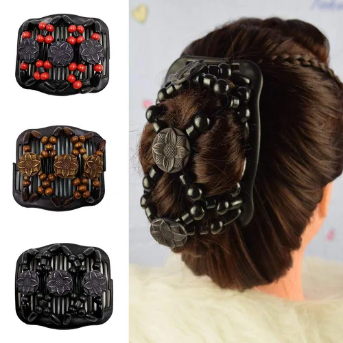 Vista 2 de LOVEF 4 piezas de madera doble peines mágicos pinzas para el cabello para mujer, peines para el cabello para hacer moños, accesorios para el cabello