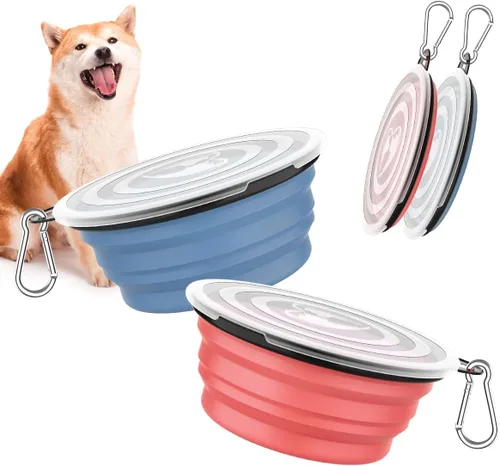Vista 16 de Pawaboo Cuencos plegables 2 en 1 para perros, cuencos dobles para comida y agua, cuenco de silicona portátil de 180° con gancho de metal, comedero