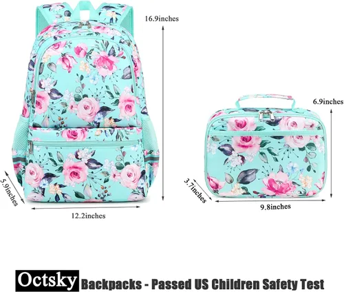 Vista 2 de Octsky - Juego de mochila escolar para niños y niñas con lonchera, Classic Lago Floral