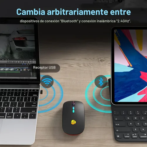 Vista 2 de CC Store Ratón Bluetooth inalámbrico LED y conexión instantánea de 2.4 GHz, recargable ultra silencioso, delgado, 3 DPI ajustables, 2 modos de Negro