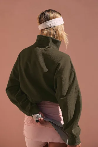 Vista 4 de LASLULU Sudaderas con media cremallera para mujer, con forro polar, manga larga, cuello corto, suéter, ropa de otoño