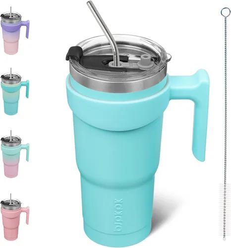 Vista 56 de BJPKPK Mini vaso de 10 onzas con tapa, popote y asa, taza de acero aislada