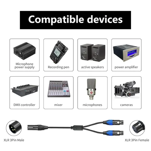 Vista 2 de Smithok Cable divisor XLR, cable doble hembra a macho Y (divisor XLR de 3 pines, 2 hembra a 1 macho), adaptador de audio de cable divisor