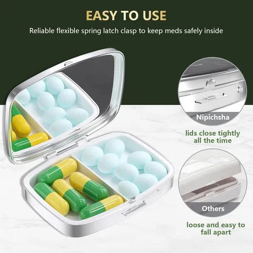 Vista 4 de Nipichsha Pastillero, pequeño pastillero para bolso y bolsillo, lindo organizador de medicamentos de viaje, soporte portátil para medicamentos