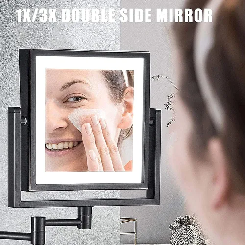 Vista 2 de FIDEMM Espejo de maquillaje recargable para montaje en pared, espejo de maquillaje iluminado con luces y aumento, 8 pulgadas, doble cara, 360