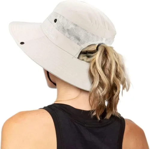 Vista 10 de Sombrero de pesca de playa de ala ancha para mujer, con protección UV, plegable, con agujero para cola de caballo