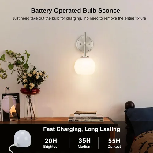 Vista 2 de Juego de 2 apliques de pared de níquel cepillado que funcionan con pilas, iluminación de pared inalámbrica recargable con control remoto, luces