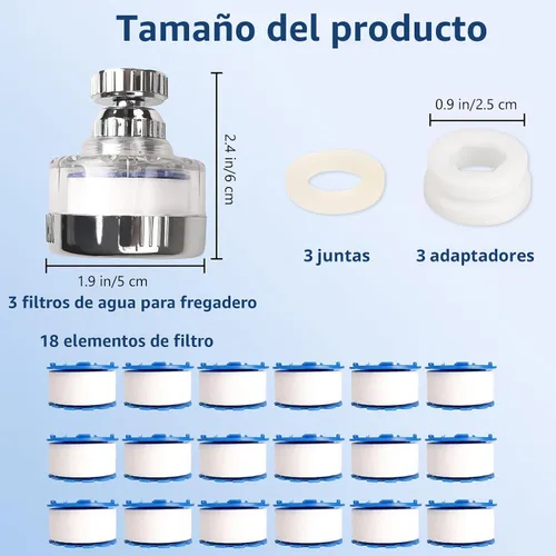 Vista 7 de Juego de 3 filtros de agua para fregadero y 18 elementos de filtro, filtro de grifo de fregadero giratorio de 360°, filtro de fregadero de baño que