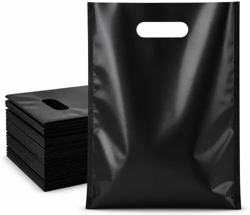 Vista 23 de ysmile Pequeña bolsa de compras de plástico negro para pequeñas empresas Bolsa de mercancía de plástico con asa Poli troquelado para venta al por