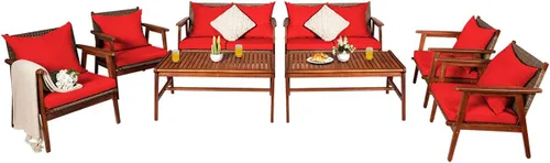 Vista 10 de Tangkula juego de 4 sofás de madera de patio, juego de asientos de madera de acacia para exterior con cojines y mesa de centro, juego de sofá