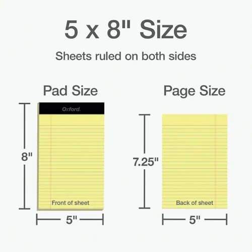 Vista 2 de Oxford Blocs de notas tamaño legal de 5 x 8, paquete de 12, rayas estrechas, papel perforado de color amarillo canario con líneas, 50 hojas por