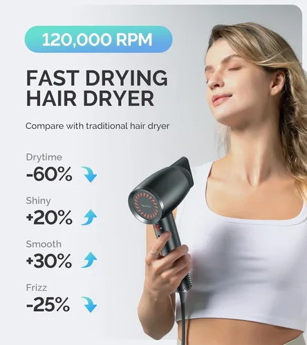 Vista 2 de MelodySusie Secador de pelo, secador de pelo iónico profesional de 1600 W para secado rápido, secador de pelo de alta velocidad de 120,000 RPM