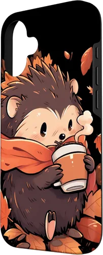 Vista 2 de Hedgehog Fall Autumn Leaves Pumpkin Spice Latte Kawaii Case for iPhone 16