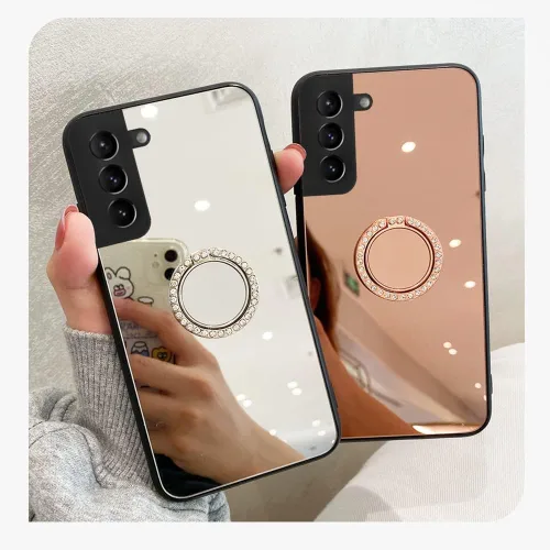 Vista 6 de Funda de espejo compatible con Samsung Galaxy A12 5G, carcasa rígida de policarbonato TPU con soporte de anillo de diamante, agarre de dedo, soporte