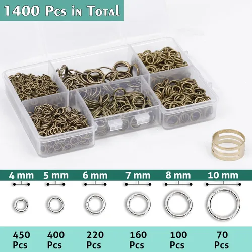 Vista 3 de 1400 anillos de salto de tamaño mixto para fabricación de joyas, llaveros, reparación de collares y manualidades de bricolaje, 0.157 in, 0.236 in