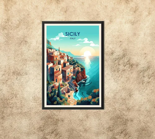 Vista 2 de Póster de Sicilia, póster de Italia, impresión de Sicilia, pintura de Sicilia, póster de paisaje urbano, arte de ilustración, carteles de viaje