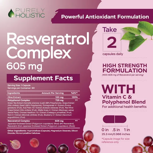 Vista 4 de Purely Holistic Resveratrol 1450 mg, 90 porciones, suplemento antioxidante trans-resveratrol con vitamina C y complejo de polifenoles, 180 cápsulas