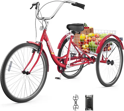 Vista 10 de Outroad - Triciclo para adultos, 24/26 pulgadas, triciclo de crucero de 1 velocidad, bicicletas de 3 ruedas con cesta grande para personas mayores