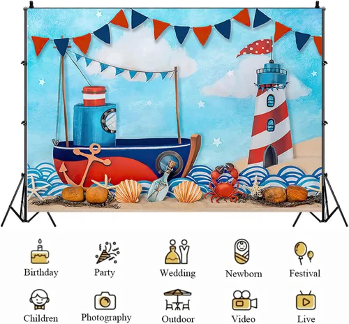 Vista 5 de Fondos de fotografía náutica de verano para tartas marineras, veleros, faros, decoración de cumpleaños, para niños, recién nacidos, primer