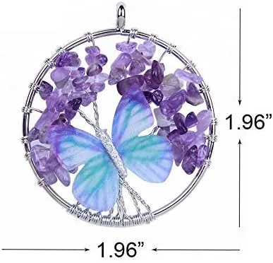 Vista 9 de Árbol de la vida de cristal con mariposa. Cristal curativo. Colgante de chakras de piedras preciosas. Collar Reiki. Joyería tallada para mujer