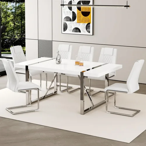Vista 39 de Juego de mesa de comedor moderna de 55 pulgadas para 4, mesa de comedor negra y marco de metal dorado, mesa de comedor rectangular con 4 sillas