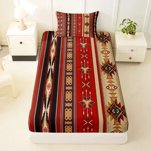 Vista 67 de Juego de ropa de cama de estilo bohemio occidental, tamaño individual, diseño de vaca atrapasueños, sábana bajera ajustable del suroeste, tribu