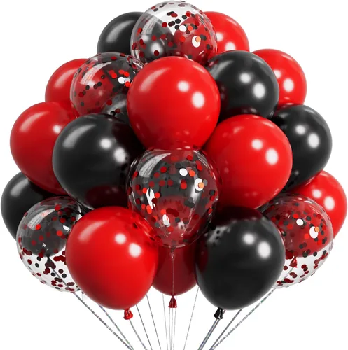 Vista 7 de Globos metálicos negros y dorados de 12 pulgadas, 73 globos de látex con confeti dorado y negro, juego de globos de helio brillantes para fiestas