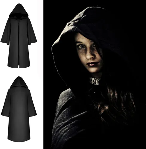 Vista 3 de BESPORTBLE Capa unisex de Halloween, capa de bruja vampiro, capa larga de terciopelo con capucha para disfraz de Halloween o cosplay