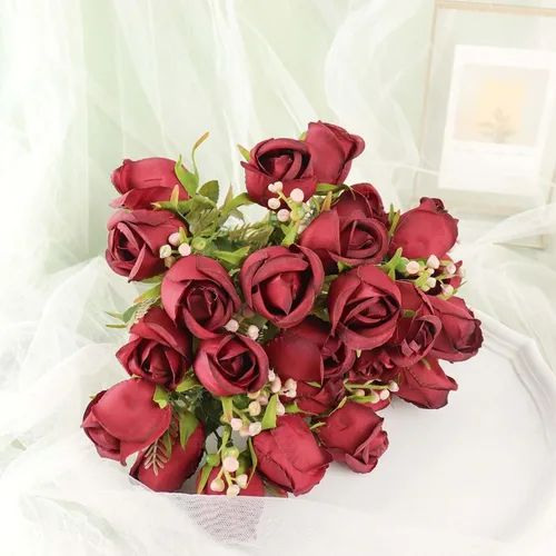 Vista 7 de Efavormart - Paquete de 3 ramos de rosas artificiales de tacto real burdeos de 13 pulgadas, arreglos florales de seda Borgoña