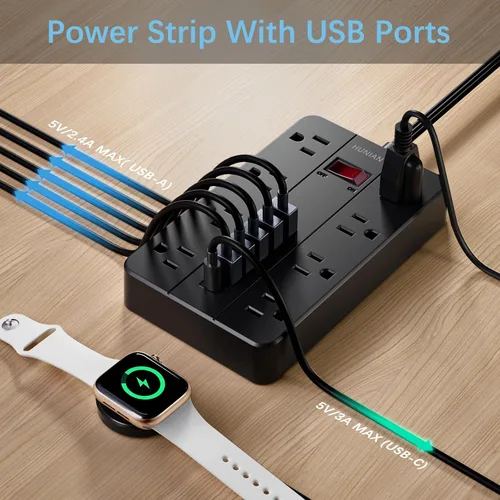 Vista 4 de Tira de alimentación con puertos USB, cable de extensión HUNIAN de 5 pies con enchufe plano y 8 tomas, cargador de 6 USB (1 puerto USB C), protector