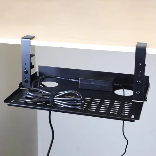 Vista 7 de AEONS Bandeja universal para organizar cables debajo del escritorio, montaje con abrazadera, organizador de panel modesto con bisagras