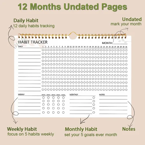 Vista 4 de Calendario de seguimiento de hábitos – 12 meses sin fecha, seguimiento diario de objetivos y hábitos, planificador de hábitos con encuadernación