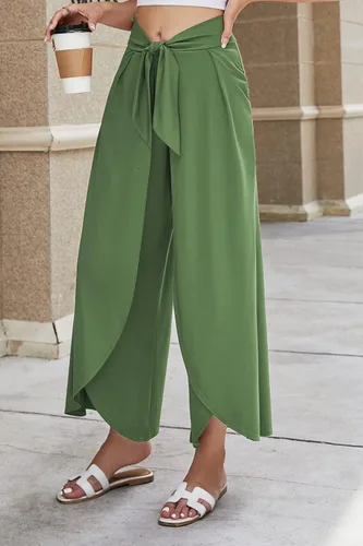 Vista 4 de Allimy Pantalones casuales de cintura alta Palazzo con piernas anchas para mujer, pantalones cruzados suaves con lazo frontal