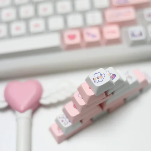 Vista 4 de Animal Rabbit - Lindas teclas de conejo personalizadas para teclado mecánico, 130 teclas de sublimación de tinte PBT (conejo rosa)