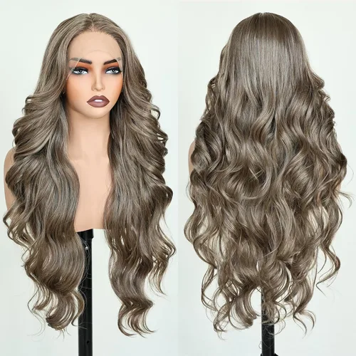 Vista 2 de FABELLE - Peluca de cabello sintético rubio ceniza con encaje frontal de 13 x 4 HD, sin pegamento, parte media ondulada de 30 pulgadas, para usar