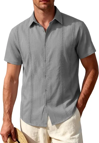 Vista 8 de JEMITOP Camisa de guayabera cubana para hombre, casual, con botones, manga corta, para verano, crucero, playa, vacaciones