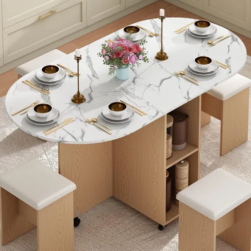 Vista 11 de Juego de mesa de comedor de granja de 5 piezas para 4, mesa plegable grande de 117 cm con 4 sillas de cuero, mesa de cocina plegable con ala