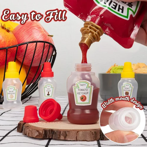 Vista 3 de 8 piezas de botellas mini de ketchup, botellas exprimibles portátiles de condimentos mini, accesorios de lonchera a prueba de fugas de 25ml