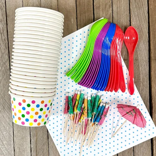 Vista 7 de Copas de helado de papel de lunares de 8 onzas, cucharas de plástico, paraguas de papel, azul, naranja, amarillo, verde, kit de helado Sunddae