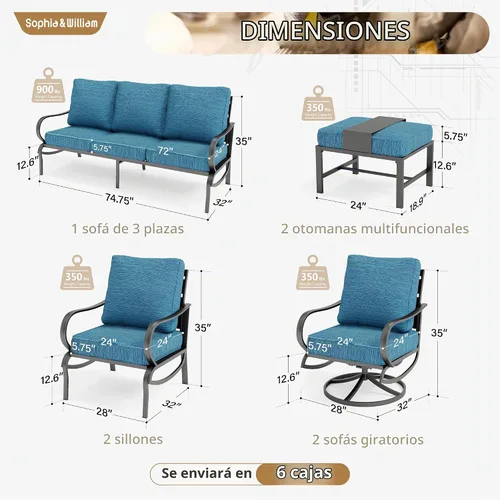 Vista 8 de Sophia & William Juegos de Muebles de Patio para 7 Conjunto de Conversación al Aire Libre de 7 Piezas con 2 Sillas de Sofá Giratorias, 2 Sillas
