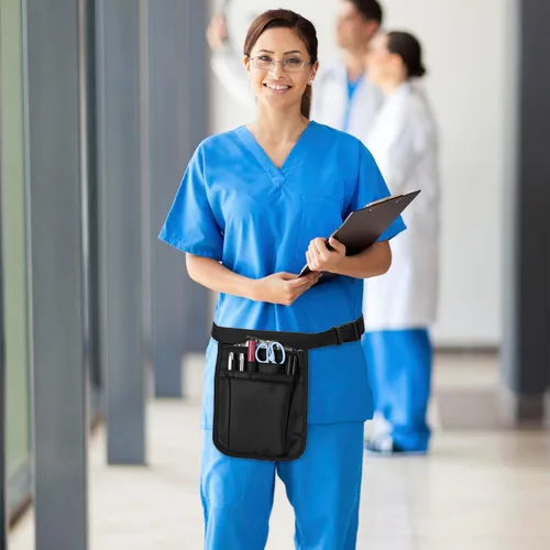 Vista 7 de QWORK Cinturón Organizador Médico, Paquete de 2 Bolsas de Almacenamiento para Enfermeras Bolsa de Cintura Bolsillos para Tijeras Médicas Kit