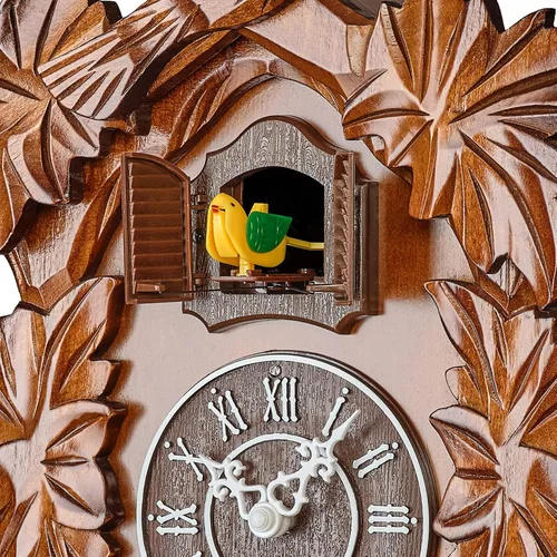 Vista 6 de Reloj de cuco con modo nocturno, decoraciones talladas a mano y péndulo oscilante (marrón)