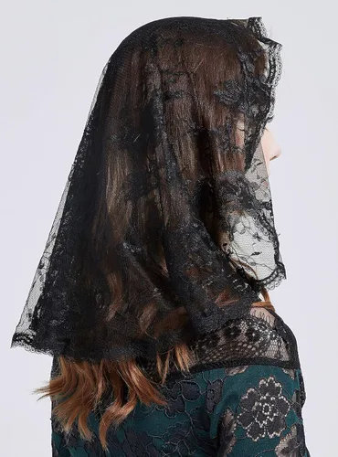 Vista 6 de Velo de Mantilla de encaje floral para la misa latina de la iglesia, Talla libre