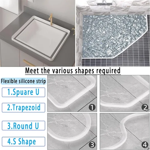 Vista 4 de Protector de agua para umbral de ducha de 3.5 pies, barrera impermeable de silicona autoadhesiva para separación seca y húmeda, tira de sellado