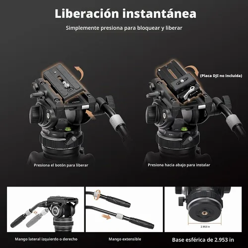 Vista 4 de Cayer Cabezal fluido de video K10 Pro con base plana de 2.953 in, arrastre panorámico ajustable y mango telescópico, cabezal fluido de trípode