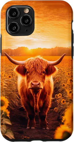 Vista 13 de iPhone 12 mini Estética Scottish Highland Cow In Sunflower Field Sunset Case